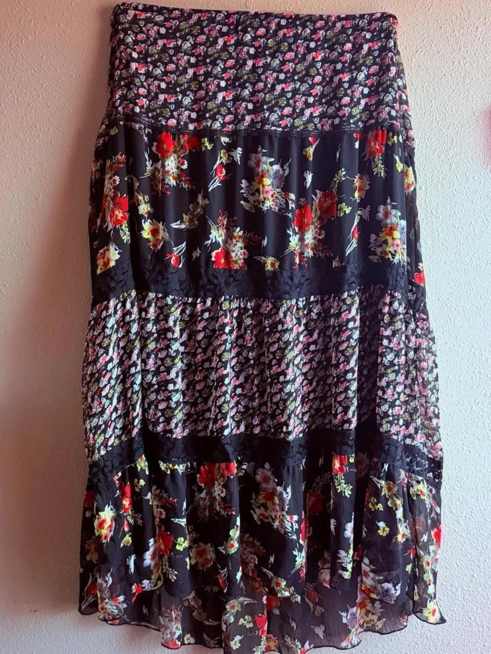 Notations Black Floral Tiered Maxi Skirt with Red and Yellow Blooms